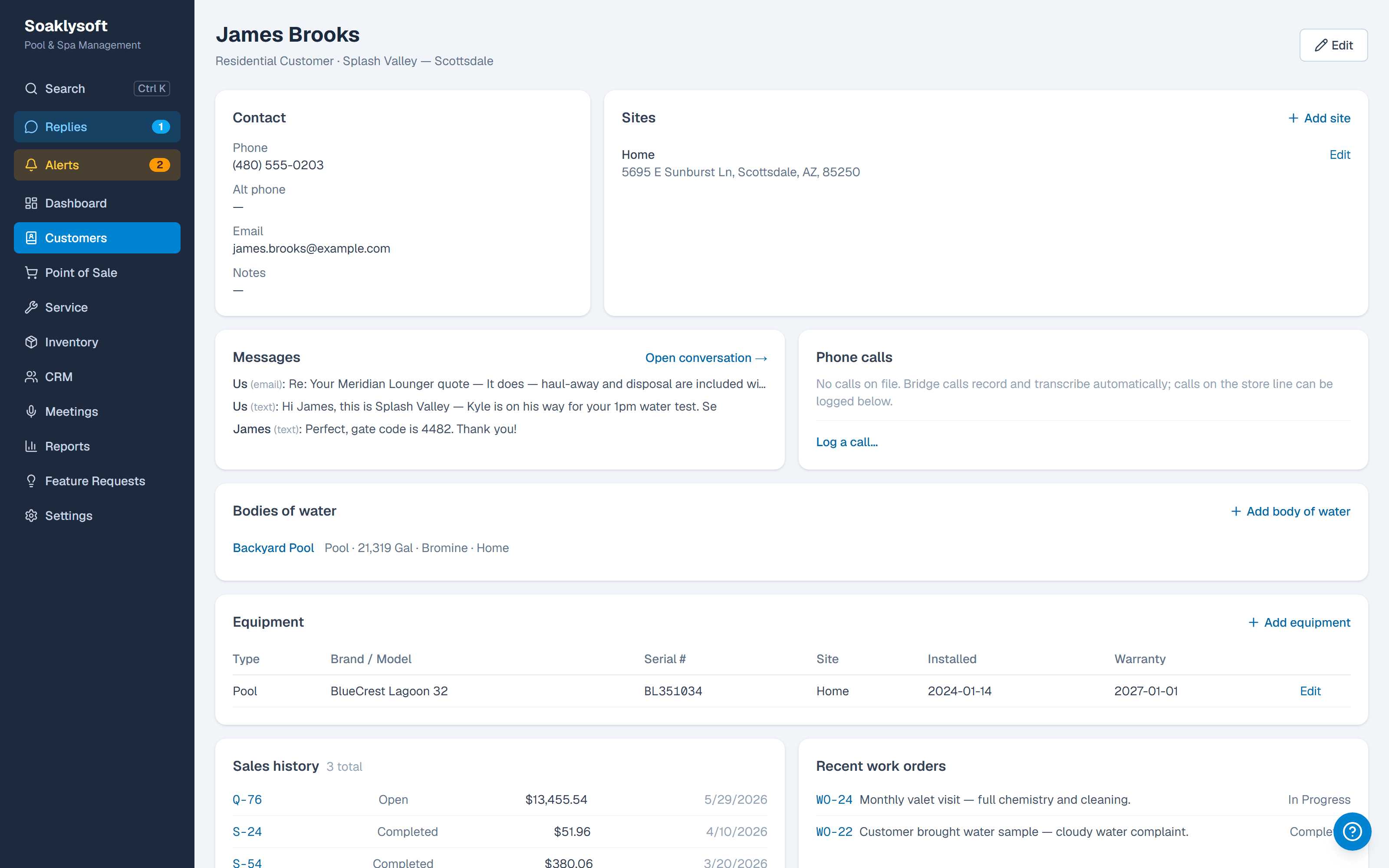 Customer record with equipment, water, messages, and history