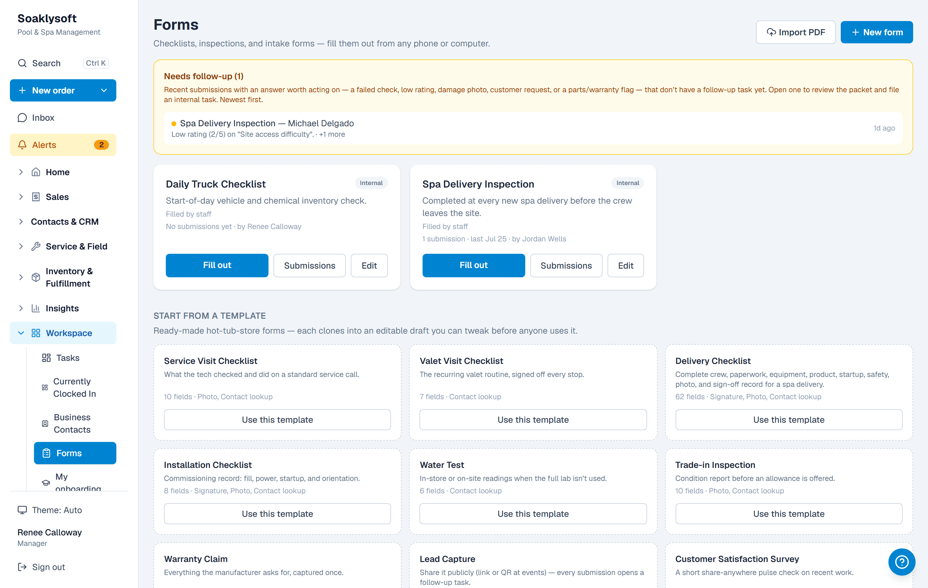 Custom forms list with delivery inspection and truck checklist