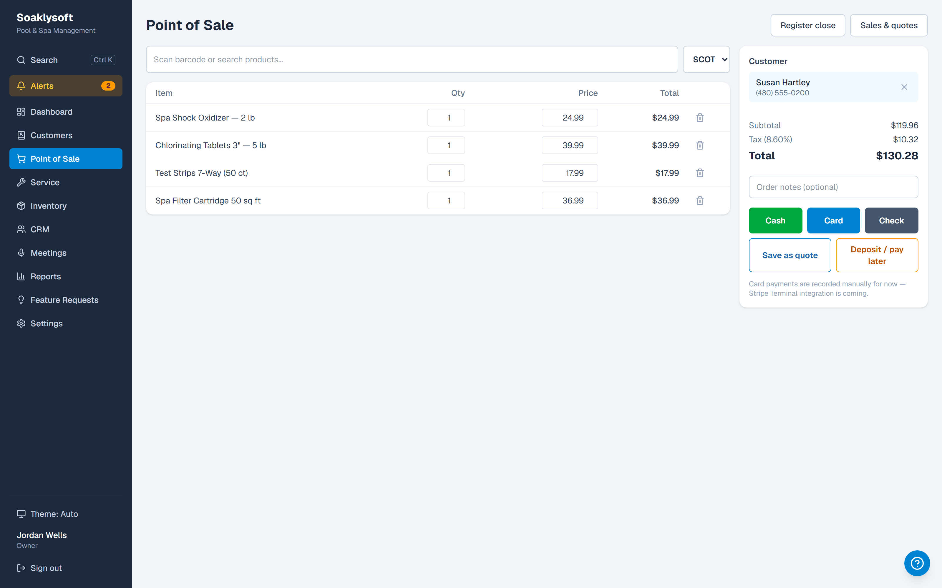 Point of sale with a populated cart and payment options