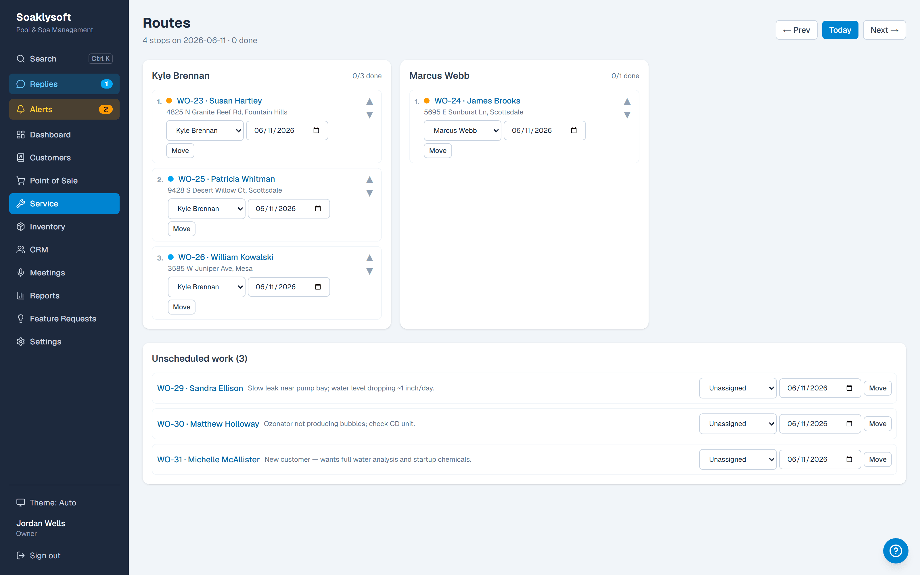 Daily route builder with technician stop lists